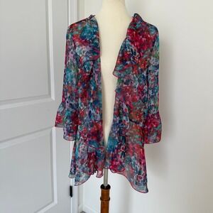 Soft Surroundings Watercolor Floral Ruffle Open Front Cardigan Sheer Pink Blue S